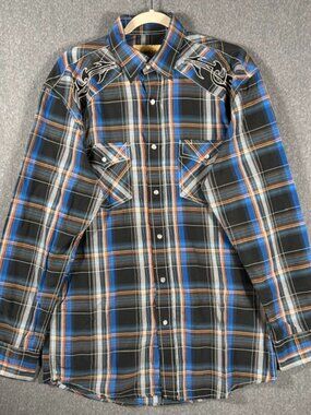 Cowboy Legend Embroidered Button Down Mens Sz LT Plaid Pearl Snap Long Sleeve